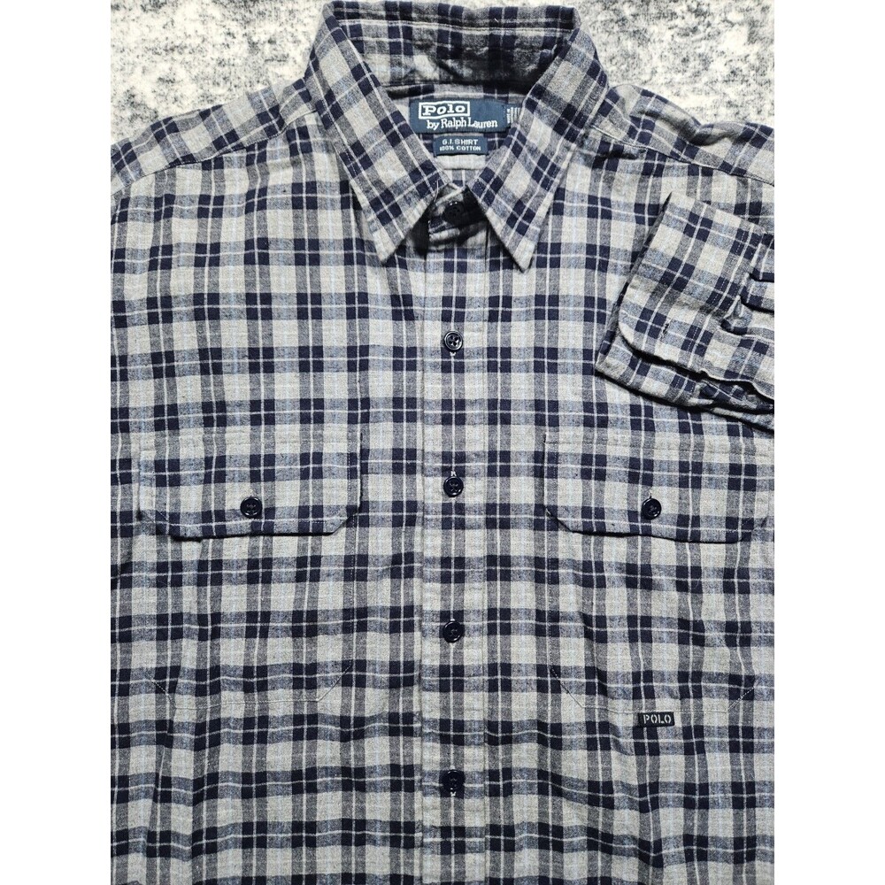 VINTAGE Polo Ralph Lauren G.I. Shirt Mens Large Blue Plaid Cotton Button Up